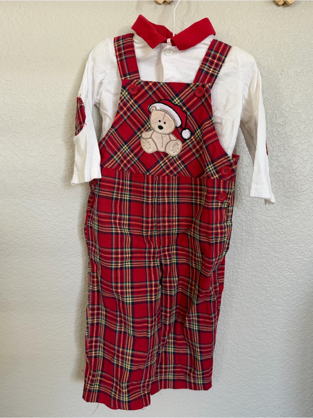 Vintage 90s Y2K First Impressions Teddy Bear Plaid Christmas Overalls 12M